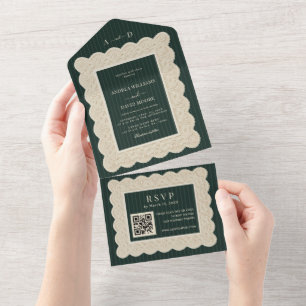 Invitation Tout En Un Mariage en dentelle monogramme à rayures vertes vi