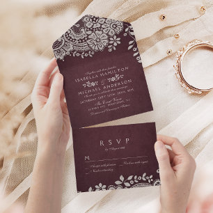 Invitation Tout En Un Mariage en dentelle vintage rouge Bourgogne