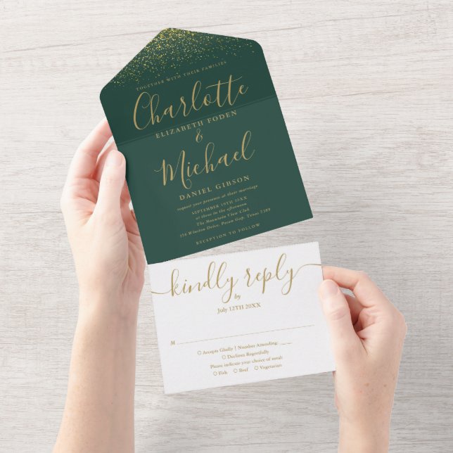 Invitation Tout En Un Mariage en écriture scintillante vert émeraude et  (Déchirure)