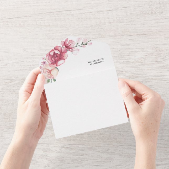 Invitation Tout En Un Mariage en fleur rose (Ouverture)