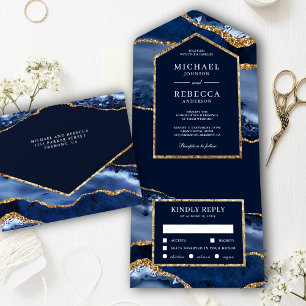 Invitation Tout En Un Mariage en marbre bleu marine et en marbre doré