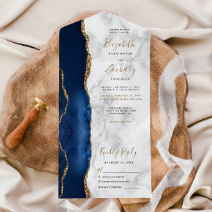 Invitation Tout En Un Mariage en marbre d'Agate bleu marine moderne