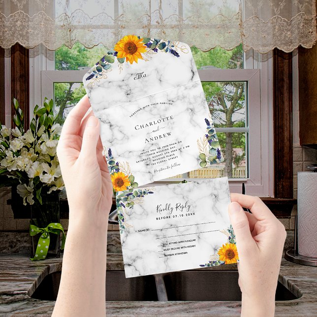 Invitation Tout En Un Mariage en marbre des fleurs de soleil Eucalyptus (Créateur téléchargé)