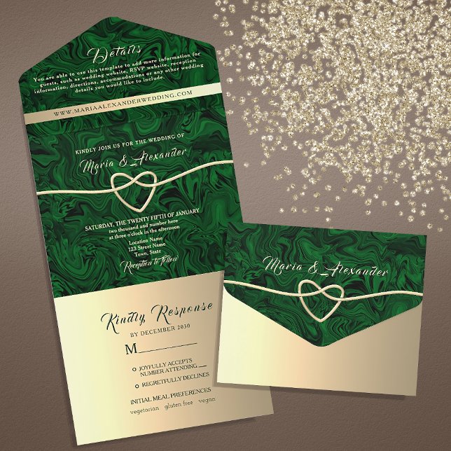 Invitation Tout En Un Mariage en marbre Emerald Gold (Créateur téléchargé)