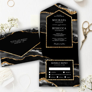 Invitation Tout En Un Mariage en marbre noir et or