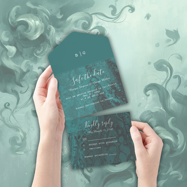 Invitation Tout En Un mariage en marbre vert émeraude vert océan sécurit (Créateur téléchargé)