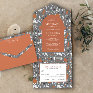 Invitation Tout En Un Mariage en terre cuite gris moderne Terrazzo