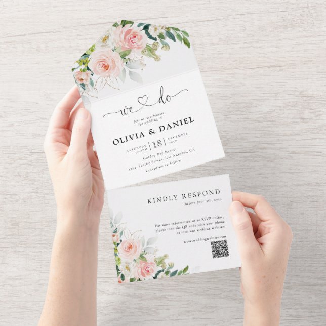 Invitation Tout En Un Mariage Ethereal Blush Rose (Déchirure)