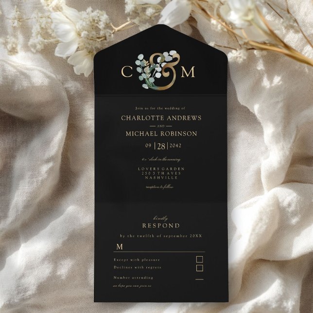 Invitation Tout En Un Mariage Eucalyptus Elégant moderne (Modern Elegant Eucalyptus Wedding All In One Invitation)