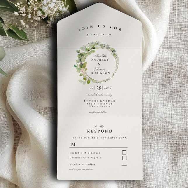 Invitation Tout En Un Mariage eucalyptus moderne et élégant (Modern, elegant eucalyptus wreath wedding all in one invitation)