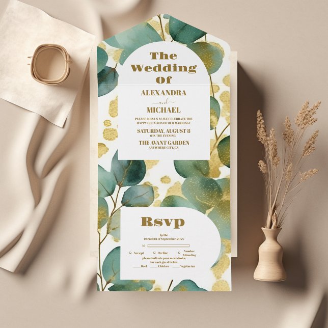 Invitation Tout En Un Mariage Eucalyptus Parties scintillant or vert (Créateur téléchargé)