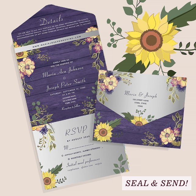 Invitation Tout En Un Mariage Ferme Rustique Tournesol Violet (Créateur téléchargé)