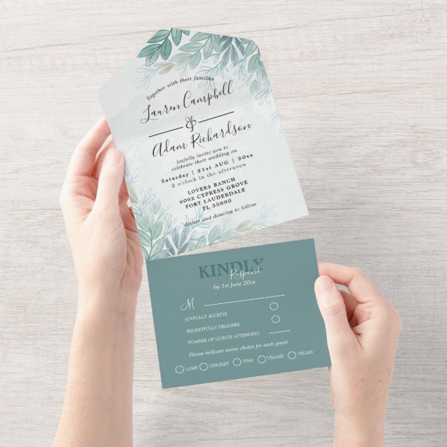 Invitation Tout En Un Mariage Feuillage Aquarelle Vert Sauge (Déchirure)
