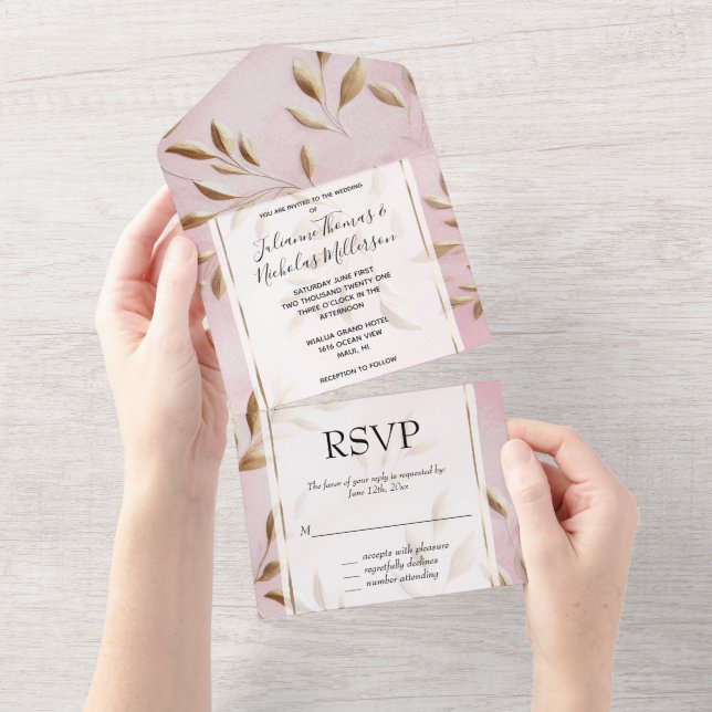 Invitation Tout En Un Mariage Feuille Blush Pink Gold (Déchirure)