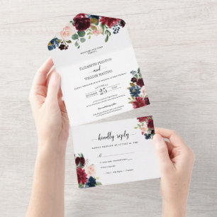 Invitation Tout En Un Mariage Feuille de la Bourgogne en fleurs avec RSV