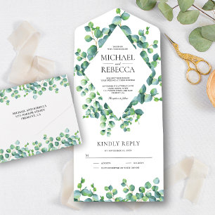 Invitation Tout En Un Mariage Feuille Eucalyptus à cadre diamant moderne