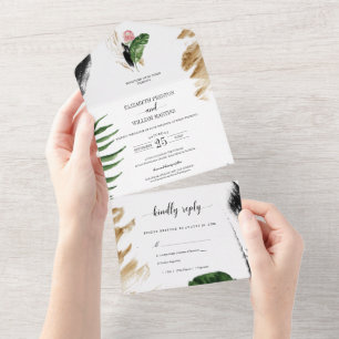 Invitation Tout En Un Mariage Feuille Tropical Summer Green avec RSVP