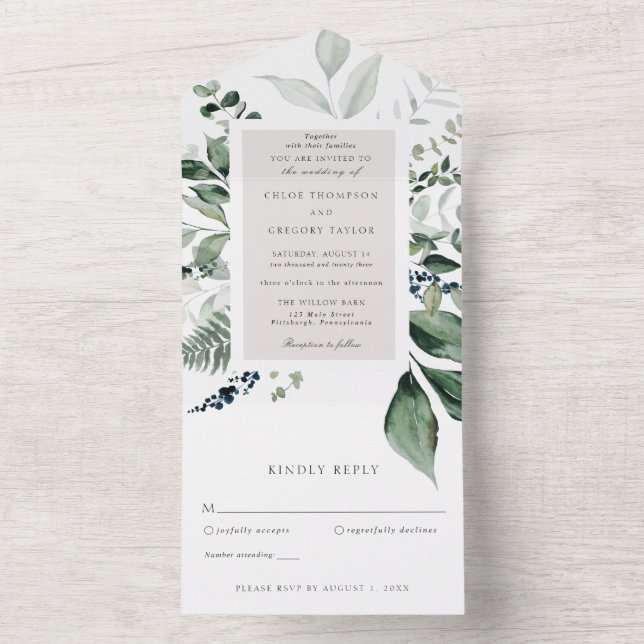 Invitation Tout En Un Mariage Feuilles Botaniques et Verdure (À l'intérieur)