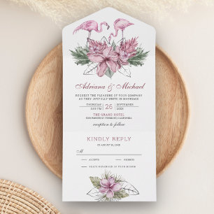 Invitation Tout En Un Mariage Flamingo Floral Aquarelle Tropical Rose