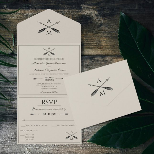 Invitation Tout En Un Mariage Flèches et monogrammes | Beige (Beige Arrows and Monograms Wedding All in One Invitation)