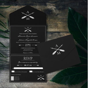 Invitation Tout En Un Mariage Flèches et monogrammes   Black