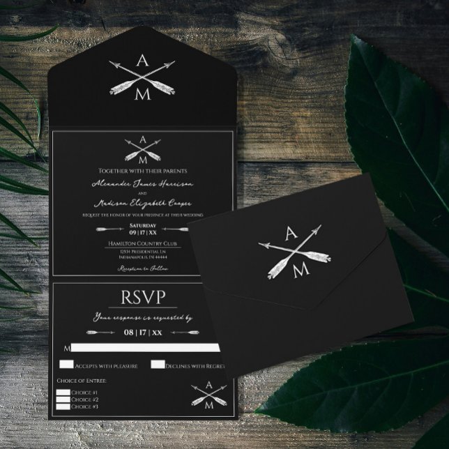 Invitation Tout En Un Mariage Flèches et monogrammes | Black (Black Arrows and Monograms Wedding All in One Invitation)
