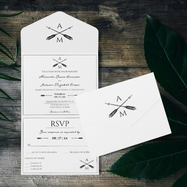 Invitation Tout En Un Mariage Flèches et monogrammes | BLANCHE (White Arrows and Monograms Wedding All in One Invitation)
