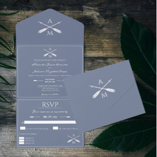 Invitation Tout En Un Mariage Flèches et monogrammes   Dusty Blue
