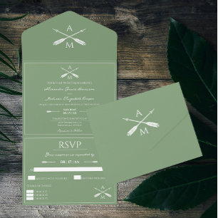 Invitation Tout En Un Mariage Flèches et monogrammes Moss Green