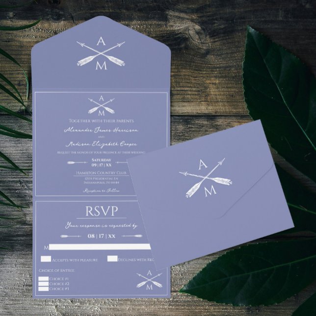 Invitation Tout En Un Mariage Flèches et monogrammes | Périwinkle (Periwinkle Arrows and Monograms Wedding All in One Invitation)
