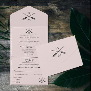 Invitation Tout En Un Mariage Flèches et monogrammes   Rose