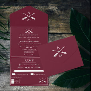 Invitation Tout En Un Mariage Flèches et monogrammes Rouge à vin