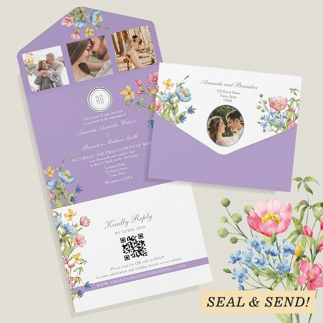 Invitation Tout En Un Mariage Fleur de Champ Bohème Violet (Créateur téléchargé)
