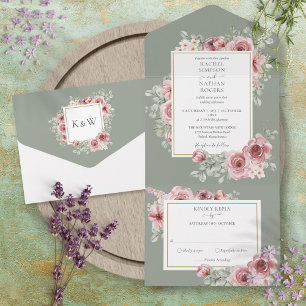Invitation Tout En Un Mariage Fleur de Rose Poussiéreuse Vert Sauge