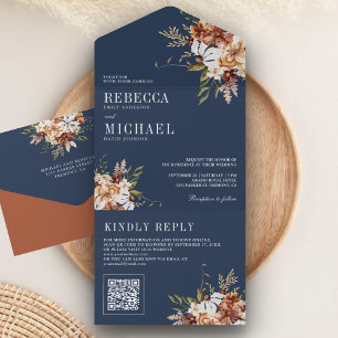 Invitation Tout En Un Mariage Fleur de Terracotta Bleu Nuit