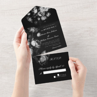 Invitation Tout En Un Mariage Fleur Hollandaise Moderne Humeur Noir et B