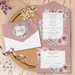 Invitation Tout En Un Mariage Fleur Rose Poussiéreuse Géométrique Or