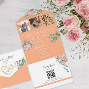 Invitation Tout En Un Mariage Fleur Rose Vintage Pêche