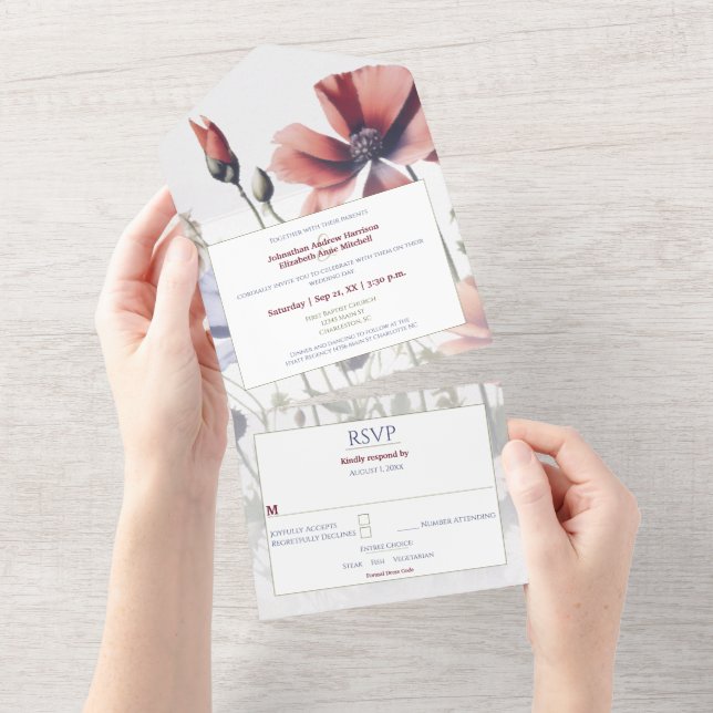 Invitation Tout En Un Mariage Fleur sauvage aquarelle (Déchirure)