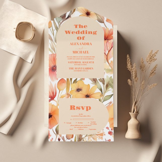 Invitation Tout En Un Mariage Fleur sauvage Aquarelle rose orange (Créateur téléchargé)