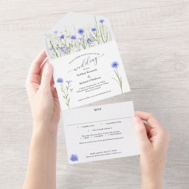 Invitation Tout En Un Mariage fleur sauvage bleu Éco Économie de papier (Déchirure)