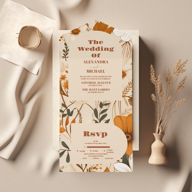 Invitation Tout En Un Mariage Fleur sauvage d'aquarelle orange brûlé (Créateur téléchargé)