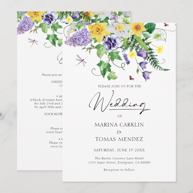 Invitation Tout en un | Mariage Fleur sauvage de Bohême (Devant / Derrière)