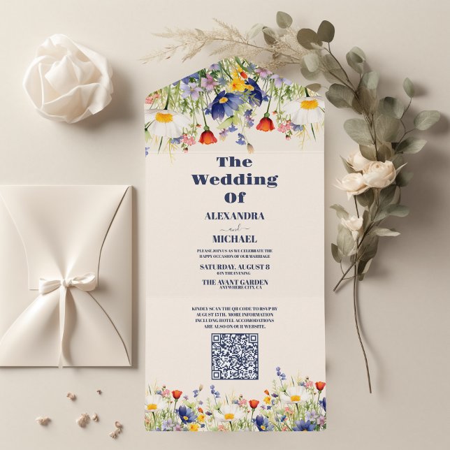Invitation Tout En Un Mariage Fleur sauvage de code QR Rustic Floral (Créateur téléchargé)