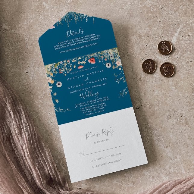 Invitation Tout En Un Mariage Fleur sauvage de la Marine Boho (Créateur téléchargé)