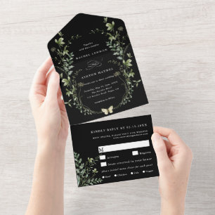 Invitation Tout En Un Mariage Fleur sauvage noir Elegant