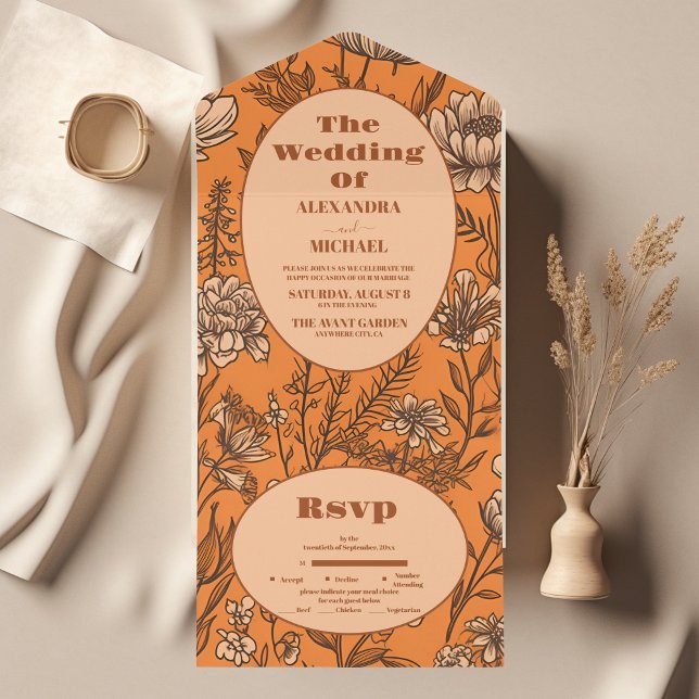 Invitation Tout En Un Mariage Fleur sauvage orange brûlé (Créateur téléchargé)