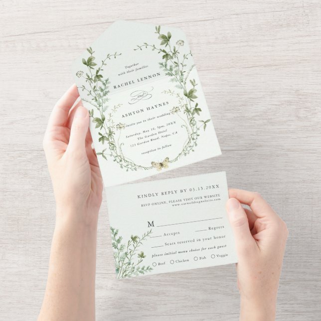 Invitation Tout En Un Mariage Fleur sauvage Pale Green Elegant (Déchirure)
