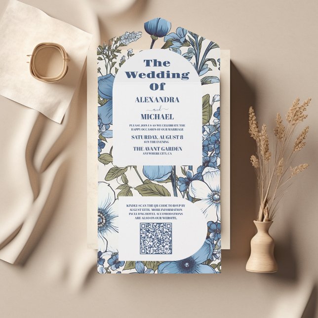 Invitation Tout En Un Mariage Fleur sauvage QR Code Blue Periwinkle (Créateur téléchargé)