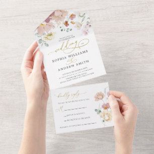 Invitation Tout En Un Mariage Fleur sauvage rose et rouge